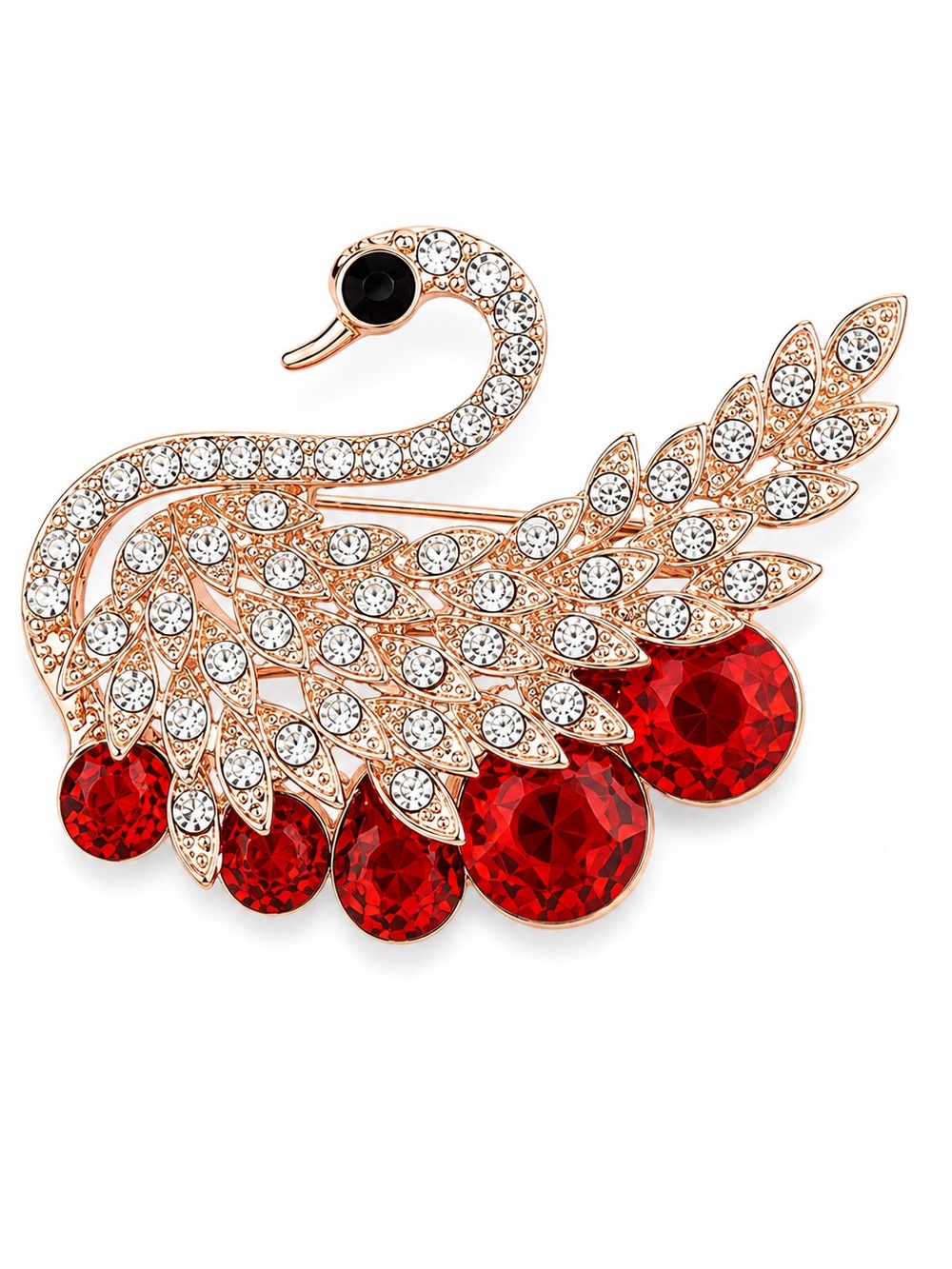 Red Crystal Swan Brooch Rhinestone Rose Gold Tone Jeweled Bird Statement Pin